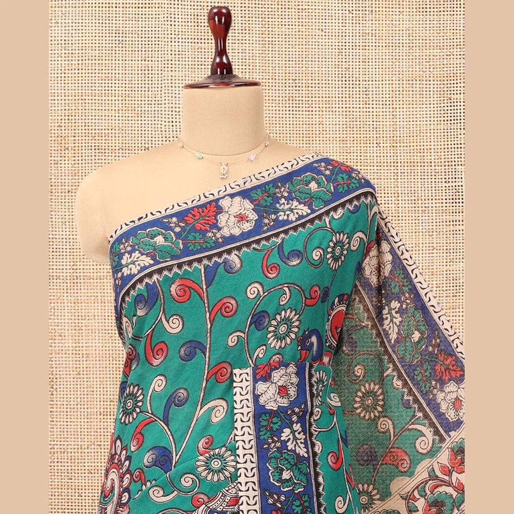 Pothys Blue Kalamkari Cotton Saree, Adorned with Floral Vine Print, Contrast Printed Border, Kalamkari Paisley Motifs Pallu, and a Contrast Blouse