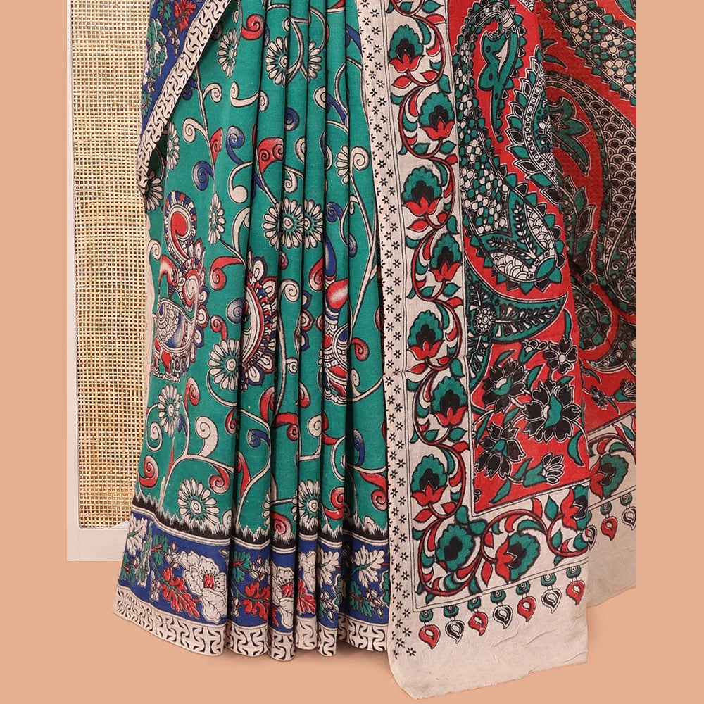 Pothys Blue Kalamkari Cotton Saree, Adorned with Floral Vine Print, Contrast Printed Border, Kalamkari Paisley Motifs Pallu, and a Contrast Blouse