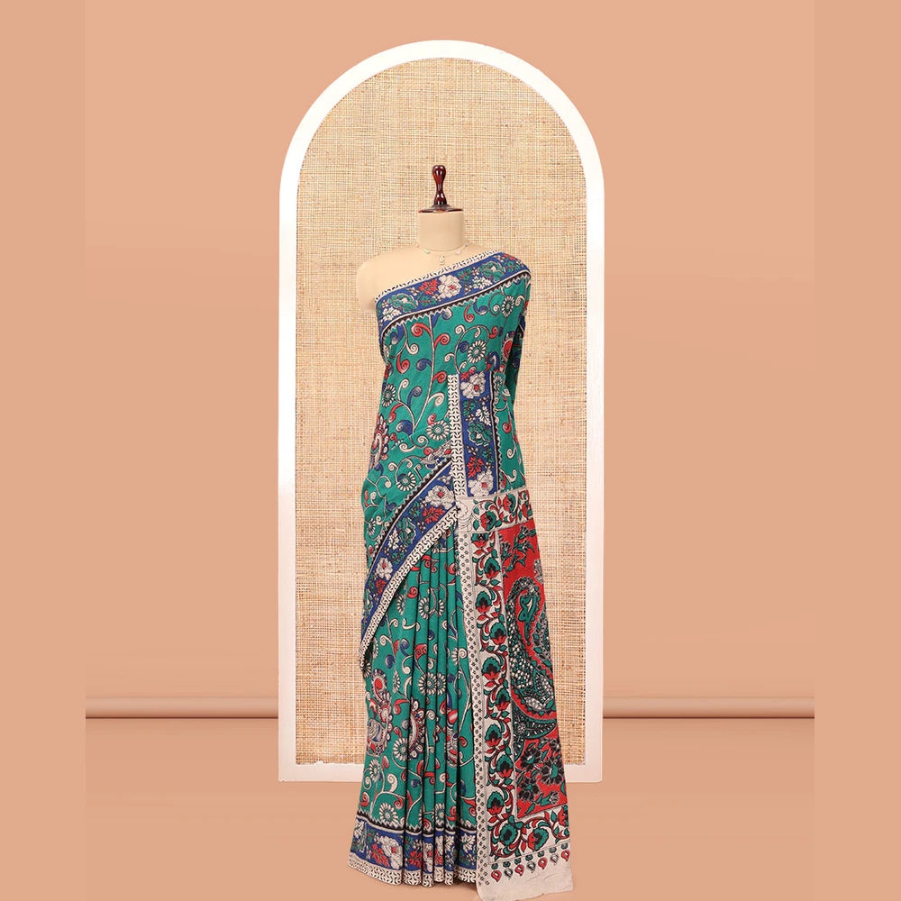 Pothys Blue Kalamkari Cotton Saree, Adorned with Floral Vine Print, Contrast Printed Border, Kalamkari Paisley Motifs Pallu, and a Contrast Blouse