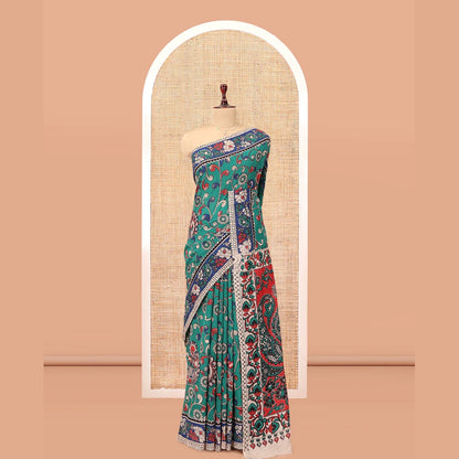 Pothys Blue Kalamkari Cotton Saree, Adorned with Floral Vine Print, Contrast Printed Border, Kalamkari Paisley Motifs Pallu, and a Contrast Blouse