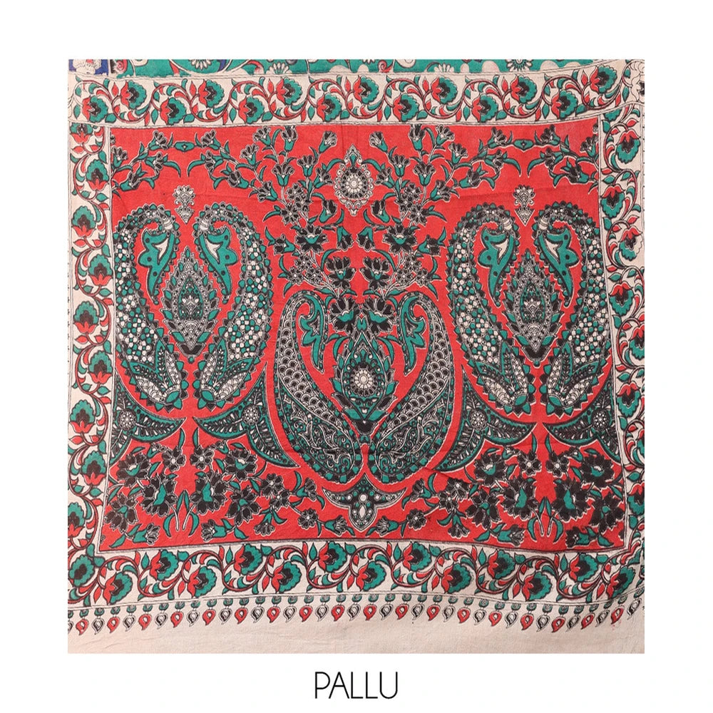 Pothys Blue Kalamkari Cotton Saree, Adorned with Floral Vine Print, Contrast Printed Border, Kalamkari Paisley Motifs Pallu, and a Contrast Blouse