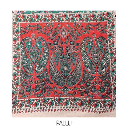 Pothys Blue Kalamkari Cotton Saree, Adorned with Floral Vine Print, Contrast Printed Border, Kalamkari Paisley Motifs Pallu, and a Contrast Blouse