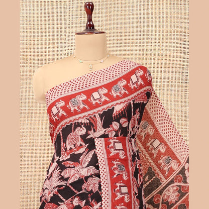 Pothys Black Kalamkari Cotton Saree, Ornamented with Animal Themed Print, Contrast Printed Border, Kalamkari Animal Motifs Pallu, and a Contrast Blouse