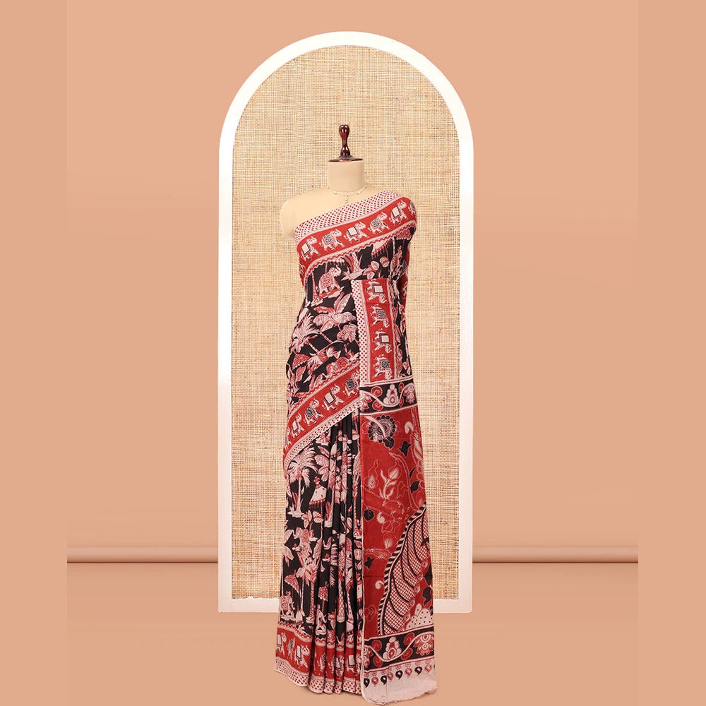 Pothys Black Kalamkari Cotton Saree, Ornamented with Animal Themed Print, Contrast Printed Border, Kalamkari Animal Motifs Pallu, and a Contrast Blouse