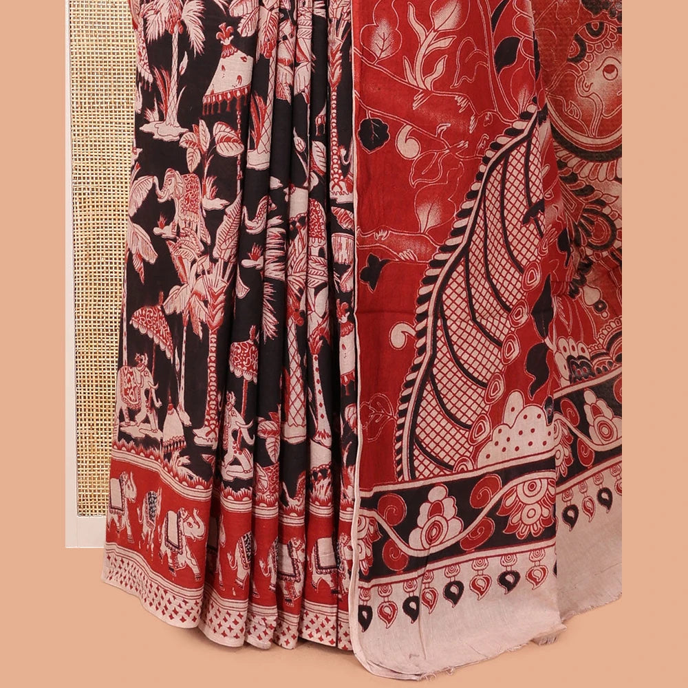Pothys Black Kalamkari Cotton Saree, Ornamented with Animal Themed Print, Contrast Printed Border, Kalamkari Animal Motifs Pallu, and a Contrast Blouse