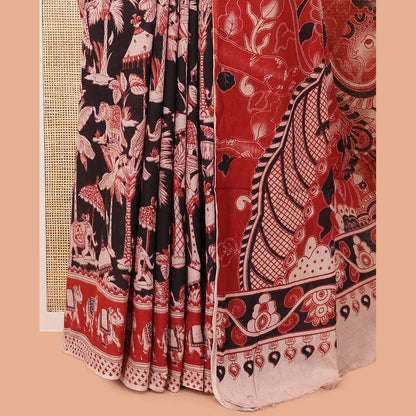 Pothys Black Kalamkari Cotton Saree, Ornamented with Animal Themed Print, Contrast Printed Border, Kalamkari Animal Motifs Pallu, and a Contrast Blouse