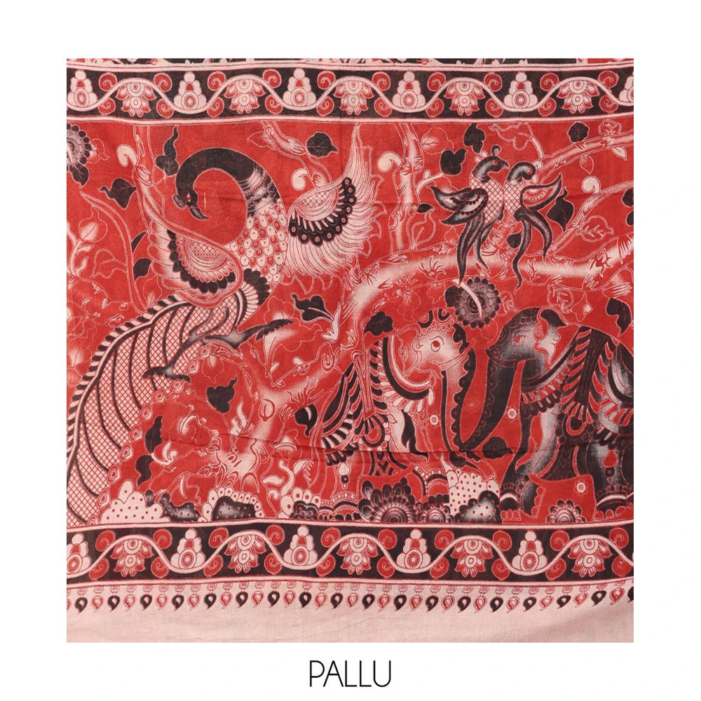Pothys Black Kalamkari Cotton Saree, Ornamented with Animal Themed Print, Contrast Printed Border, Kalamkari Animal Motifs Pallu, and a Contrast Blouse