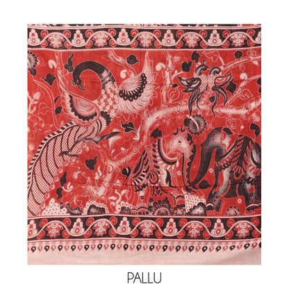 Pothys Black Kalamkari Cotton Saree, Ornamented with Animal Themed Print, Contrast Printed Border, Kalamkari Animal Motifs Pallu, and a Contrast Blouse