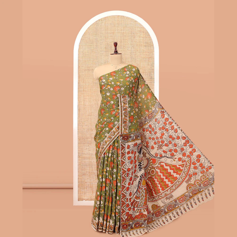 Pothys Green Kalamkari Cotton Saree, Adorned with Floral Vine Print, Contrast Printed Border, Kalamkari Ancient Human Motifs Pallu, and a Contrast Blouse
