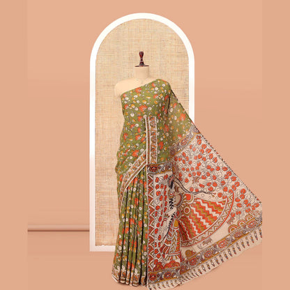 Pothys Green Kalamkari Cotton Saree, Adorned with Floral Vine Print, Contrast Printed Border, Kalamkari Ancient Human Motifs Pallu, and a Contrast Blouse