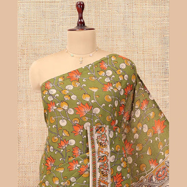 Pothys Green Kalamkari Cotton Saree, Adorned with Floral Vine Print, Contrast Printed Border, Kalamkari Ancient Human Motifs Pallu, and a Contrast Blouse