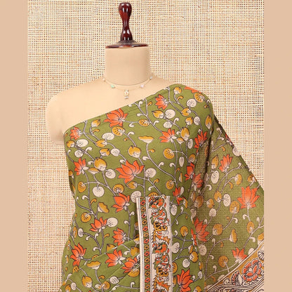 Pothys Green Kalamkari Cotton Saree, Adorned with Floral Vine Print, Contrast Printed Border, Kalamkari Ancient Human Motifs Pallu, and a Contrast Blouse