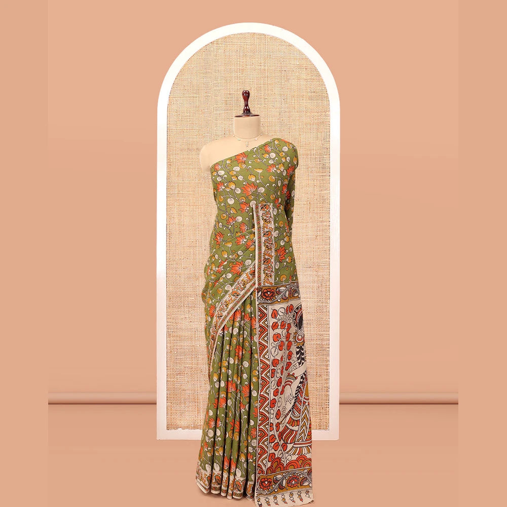 Pothys Green Kalamkari Cotton Saree, Adorned with Floral Vine Print, Contrast Printed Border, Kalamkari Ancient Human Motifs Pallu, and a Contrast Blouse