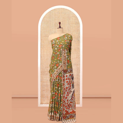 Pothys Green Kalamkari Cotton Saree, Adorned with Floral Vine Print, Contrast Printed Border, Kalamkari Ancient Human Motifs Pallu, and a Contrast Blouse
