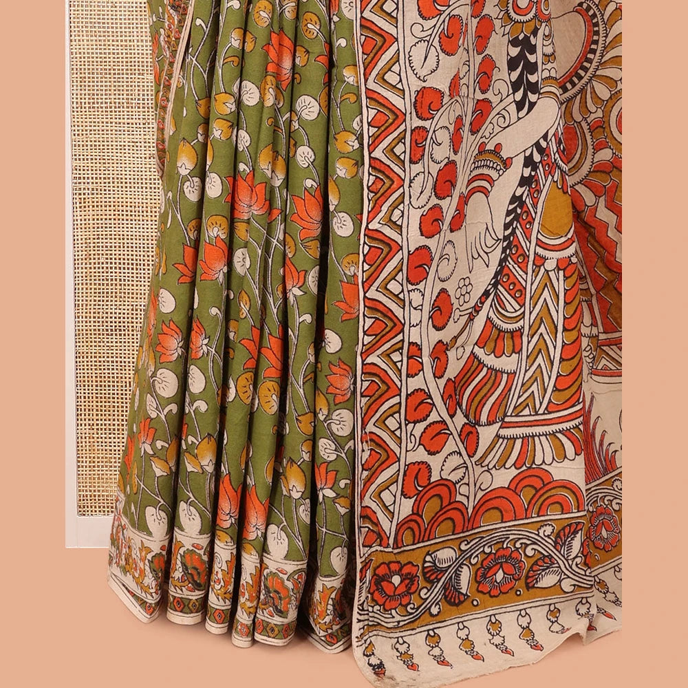 Pothys Green Kalamkari Cotton Saree, Adorned with Floral Vine Print, Contrast Printed Border, Kalamkari Ancient Human Motifs Pallu, and a Contrast Blouse