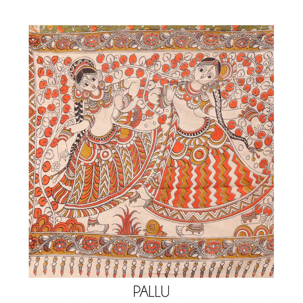 Pothys Green Kalamkari Cotton Saree, Adorned with Floral Vine Print, Contrast Printed Border, Kalamkari Ancient Human Motifs Pallu, and a Contrast Blouse