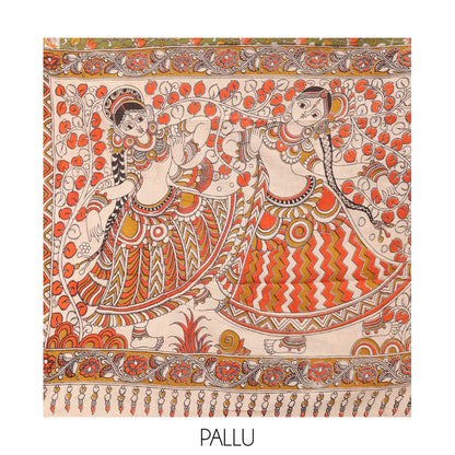 Pothys Green Kalamkari Cotton Saree, Adorned with Floral Vine Print, Contrast Printed Border, Kalamkari Ancient Human Motifs Pallu, and a Contrast Blouse