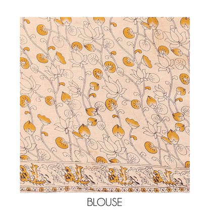 Pothys Green Kalamkari Cotton Saree, Adorned with Floral Vine Print, Contrast Printed Border, Kalamkari Ancient Human Motifs Pallu, and a Contrast Blouse