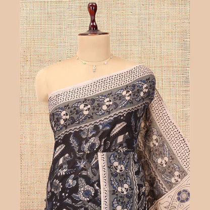 Pothys Black Kalamkari Cotton Saree, Elevated with Animal and Floral Motif Print, Complemented By Printed Border, Kalamkari Peacock Motifs Pallu, and a Matching Blouse