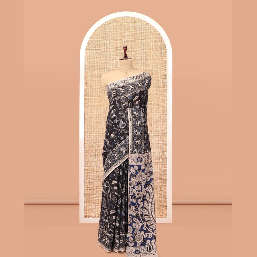 Pothys Black Kalamkari Cotton Saree, Elevated with Animal and Floral Motif Print, Complemented By Printed Border, Kalamkari Peacock Motifs Pallu, and a Matching Blouse