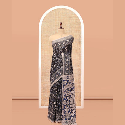 Pothys Black Kalamkari Cotton Saree, Elevated with Animal and Floral Motif Print, Complemented By Printed Border, Kalamkari Peacock Motifs Pallu, and a Matching Blouse