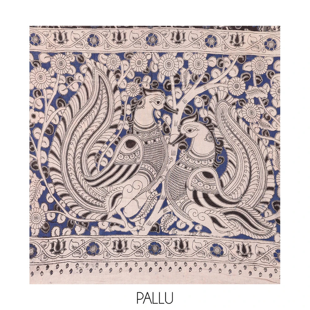 Pothys Black Kalamkari Cotton Saree, Elevated with Animal and Floral Motif Print, Complemented By Printed Border, Kalamkari Peacock Motifs Pallu, and a Matching Blouse