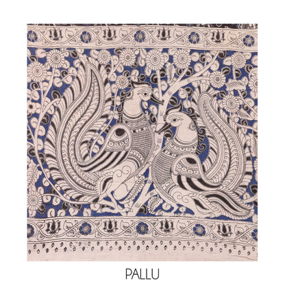 Pothys Black Kalamkari Cotton Saree, Elevated with Animal and Floral Motif Print, Complemented By Printed Border, Kalamkari Peacock Motifs Pallu, and a Matching Blouse