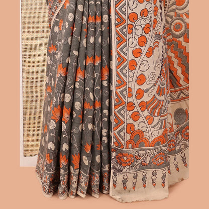 Pothys Grey Kalamkari Cotton Saree, Decked Up with Floral Vine Print, Complemented By Printed Border, Pallu of Kalamkari Ancient Human Motifs, and a Contrast Blouse