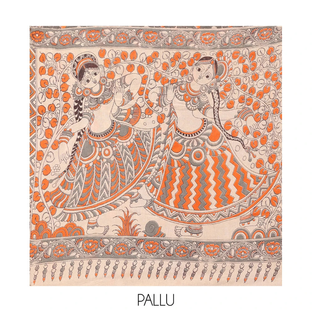 Pothys Grey Kalamkari Cotton Saree, Decked Up with Floral Vine Print, Complemented By Printed Border, Pallu of Kalamkari Ancient Human Motifs, and a Contrast Blouse