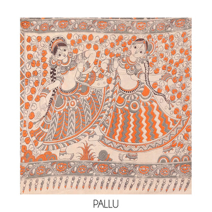 Pothys Grey Kalamkari Cotton Saree, Decked Up with Floral Vine Print, Complemented By Printed Border, Pallu of Kalamkari Ancient Human Motifs, and a Contrast Blouse