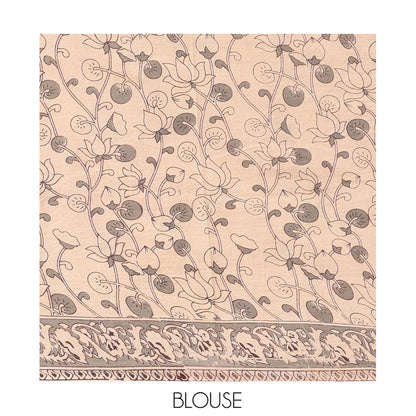Pothys Grey Kalamkari Cotton Saree, Decked Up with Floral Vine Print, Complemented By Printed Border, Pallu of Kalamkari Ancient Human Motifs, and a Contrast Blouse