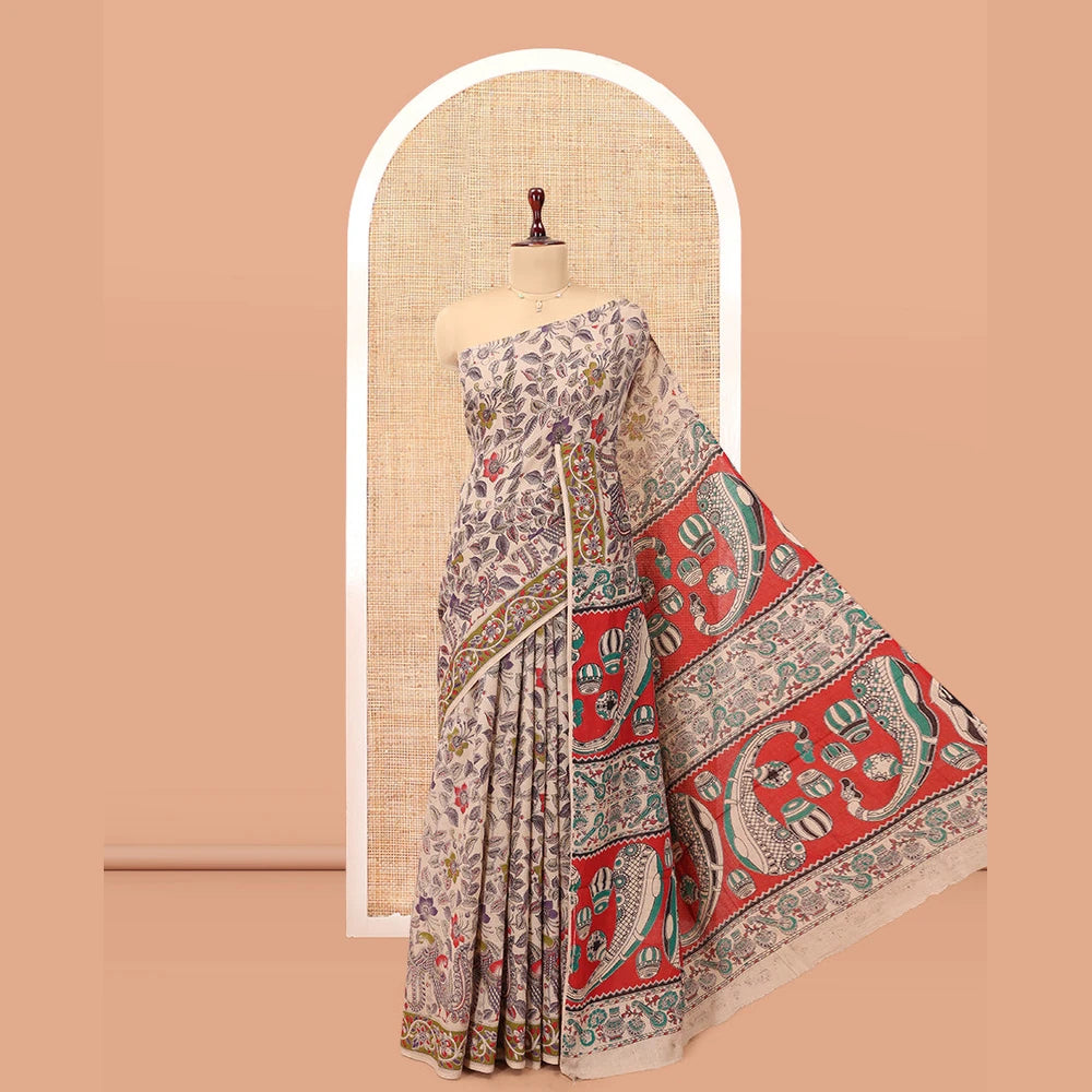 Pothys Multi-Color Kalamkari Cotton Saree, Adorned with Floral Vine Print, Contrast Printed Border, Pallu of Paisley and Music Instument Motifs, and a Matching Blouse