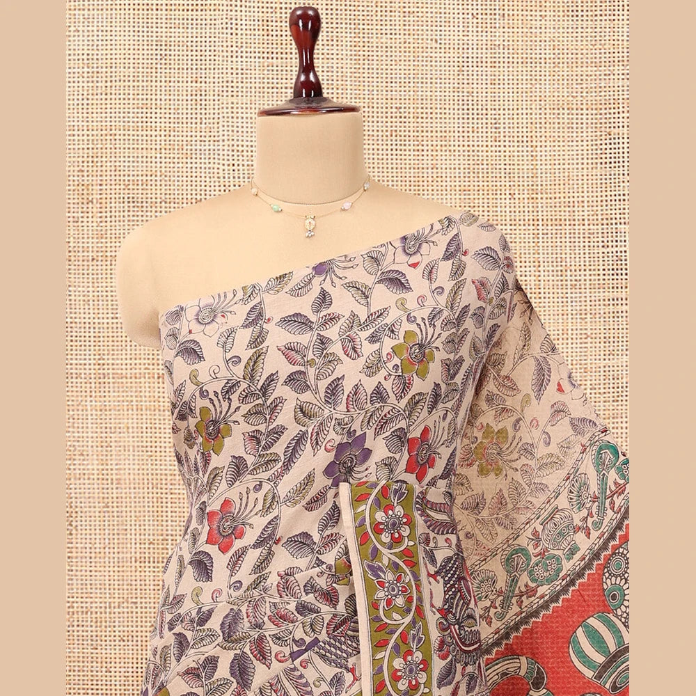 Pothys Multi-Color Kalamkari Cotton Saree, Adorned with Floral Vine Print, Contrast Printed Border, Pallu of Paisley and Music Instument Motifs, and a Matching Blouse