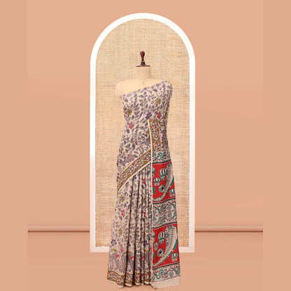 Pothys Multi-Color Kalamkari Cotton Saree, Adorned with Floral Vine Print, Contrast Printed Border, Pallu of Paisley and Music Instument Motifs, and a Matching Blouse