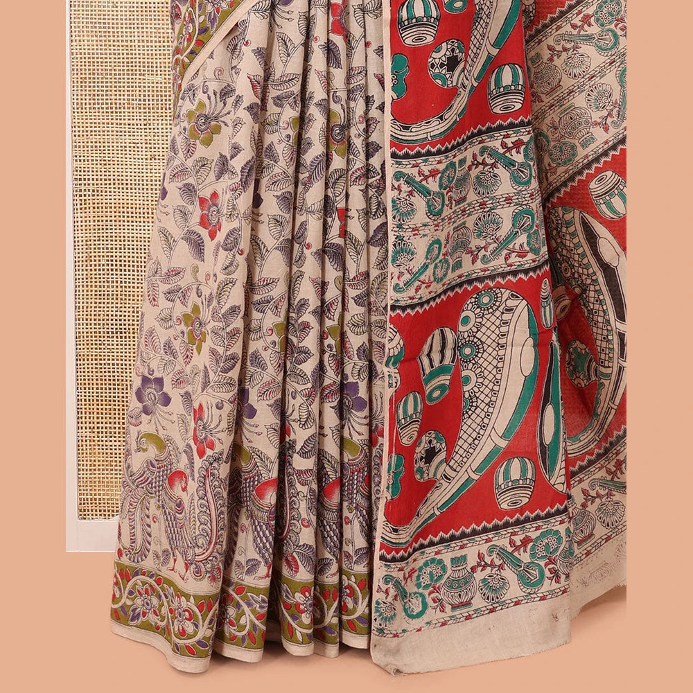 Pothys Multi-Color Kalamkari Cotton Saree, Adorned with Floral Vine Print, Contrast Printed Border, Pallu of Paisley and Music Instument Motifs, and a Matching Blouse