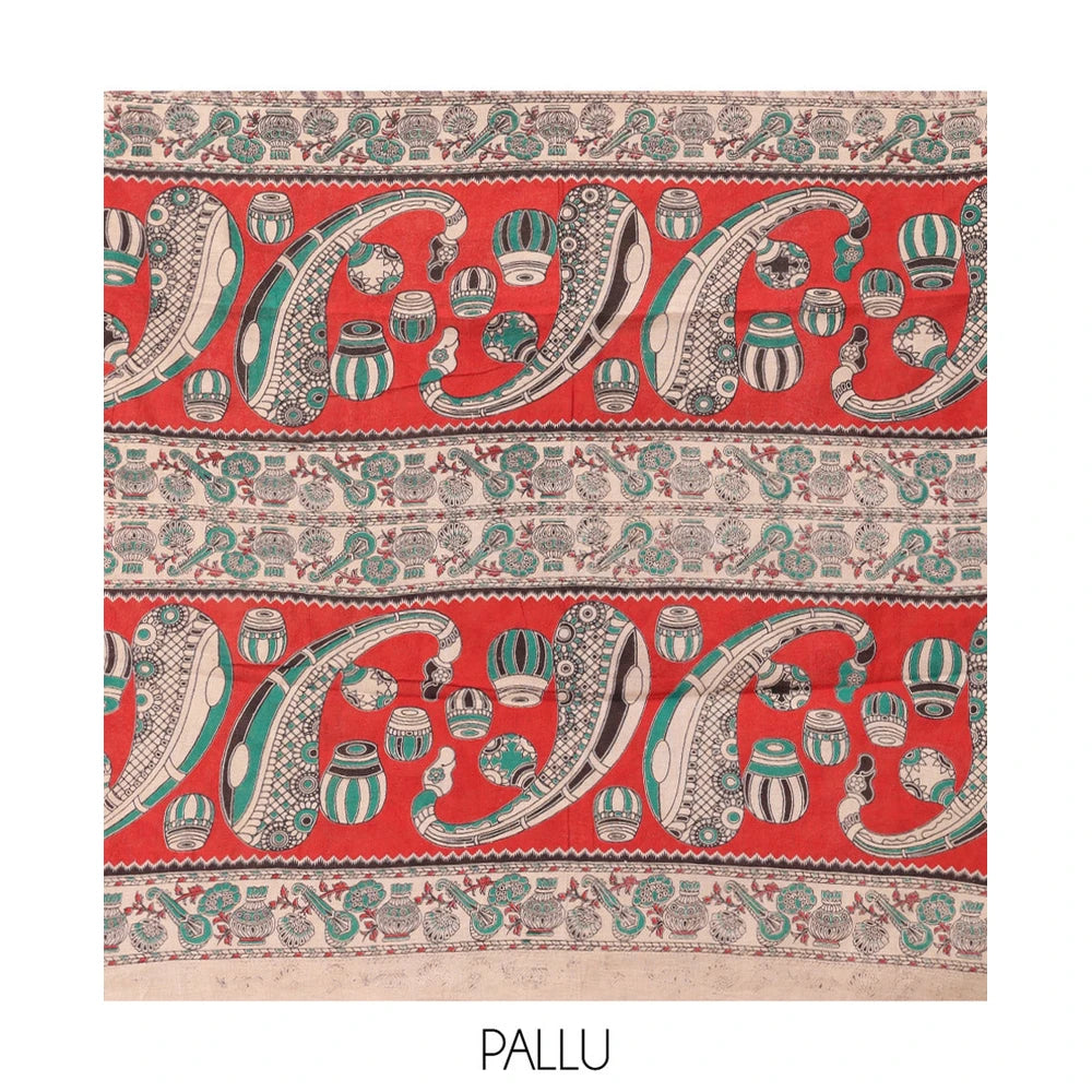 Pothys Multi-Color Kalamkari Cotton Saree, Adorned with Floral Vine Print, Contrast Printed Border, Pallu of Paisley and Music Instument Motifs, and a Matching Blouse