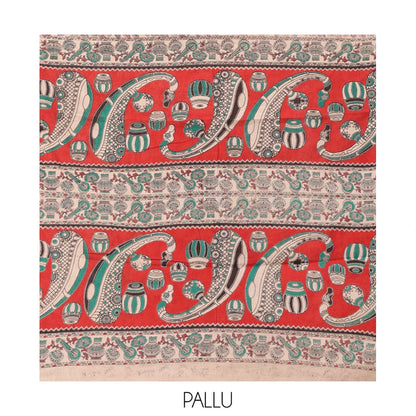 Pothys Multi-Color Kalamkari Cotton Saree, Adorned with Floral Vine Print, Contrast Printed Border, Pallu of Paisley and Music Instument Motifs, and a Matching Blouse