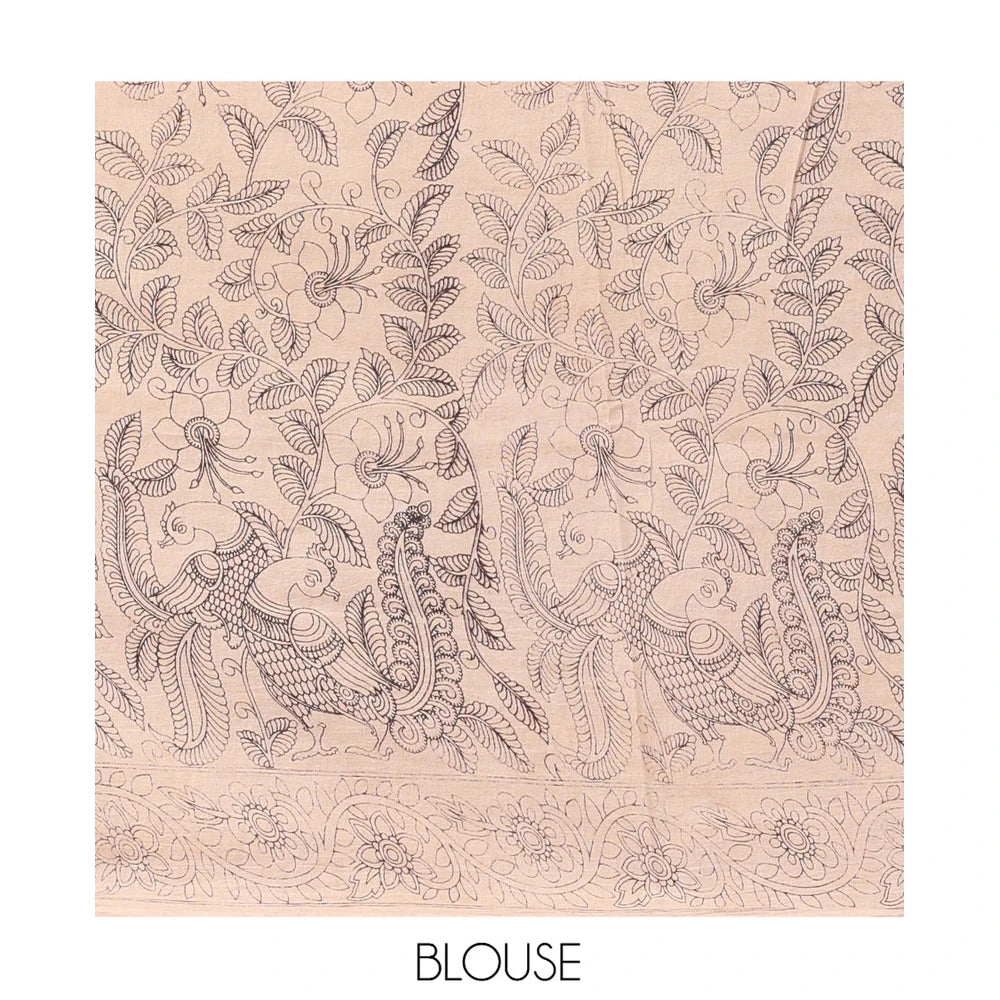 Pothys Multi-Color Kalamkari Cotton Saree, Adorned with Floral Vine Print, Contrast Printed Border, Pallu of Paisley and Music Instument Motifs, and a Matching Blouse