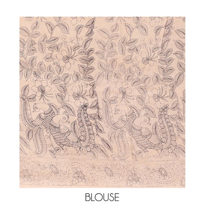 Pothys Multi-Color Kalamkari Cotton Saree, Adorned with Floral Vine Print, Contrast Printed Border, Pallu of Paisley and Music Instument Motifs, and a Matching Blouse