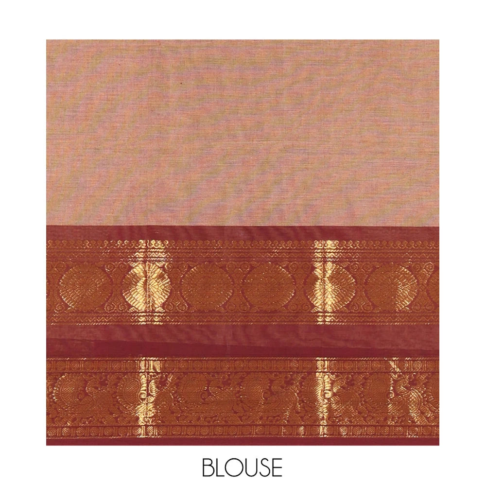Pothys Brown Plain Chettinad Cotton Saree, Complemented by a Contrast Peacock-Chakram Rettai Pettu Border, and a Matching Blouse