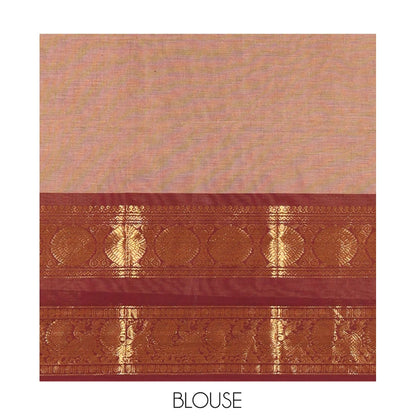 Pothys Brown Plain Chettinad Cotton Saree, Complemented by a Contrast Peacock-Chakram Rettai Pettu Border, and a Matching Blouse