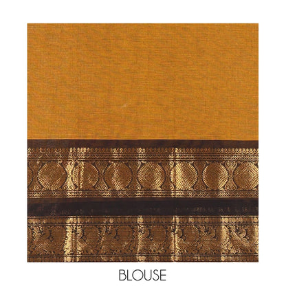 Pothys Mustard Plain Chettinad Cotton Saree, Complemented by a Contrast Peacock-Chakram Rettai Pettu Border, and a Matching Blouse