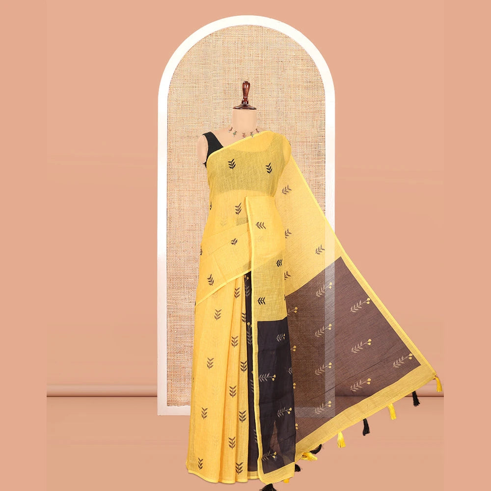 Pothys Borderless Yellow Linen Cotton Saree with Leaf Print, a Contrast Leaf-Printed Pallu, aContrast Blouse