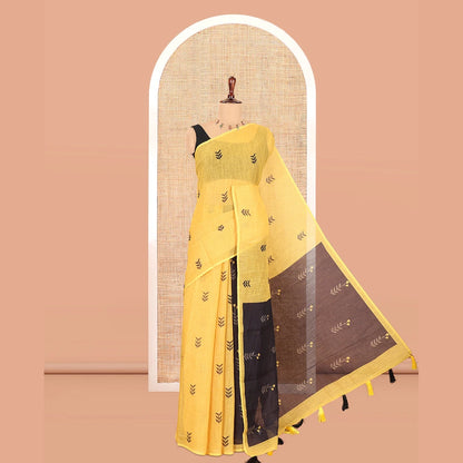 Pothys Borderless Yellow Linen Cotton Saree with Leaf Print, a Contrast Leaf-Printed Pallu, aContrast Blouse