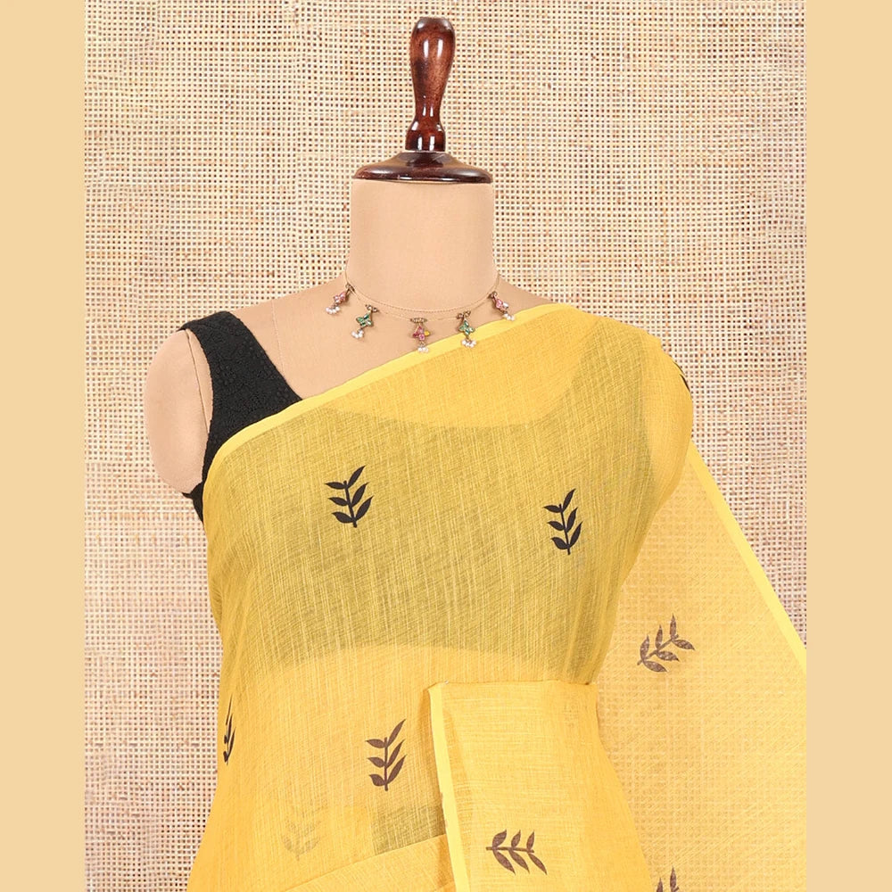 Pothys Borderless Yellow Linen Cotton Saree with Leaf Print, a Contrast Leaf-Printed Pallu, aContrast Blouse