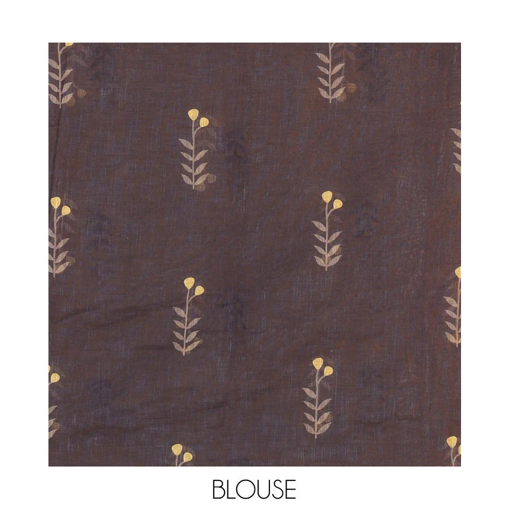 Pothys Borderless Yellow Linen Cotton Saree with Leaf Print, a Contrast Leaf-Printed Pallu, aContrast Blouse