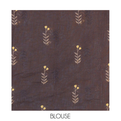 Pothys Borderless Yellow Linen Cotton Saree with Leaf Print, a Contrast Leaf-Printed Pallu, aContrast Blouse