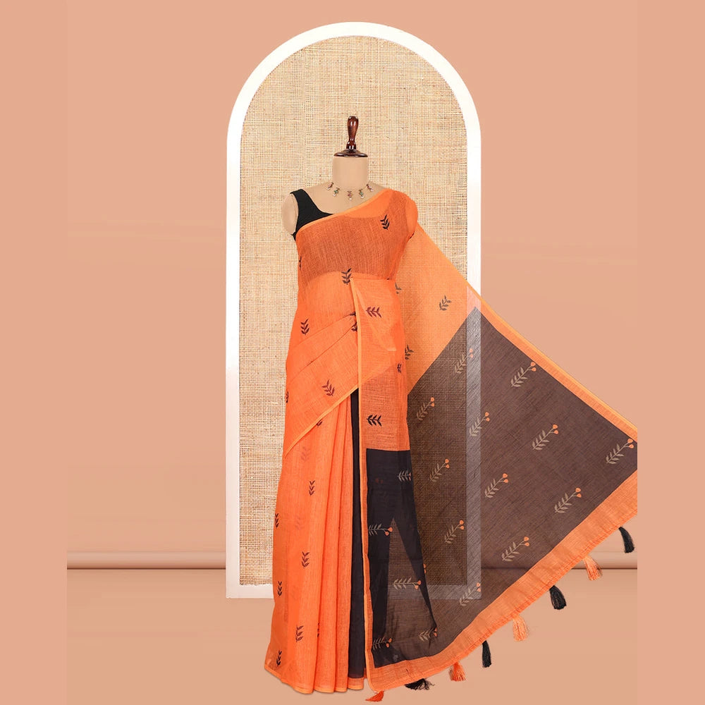 Pothys Borderless Orange Linen Cotton Saree with Leaf Print, a Contrast Leaf-Printed Pallu, a Contrast Blouse