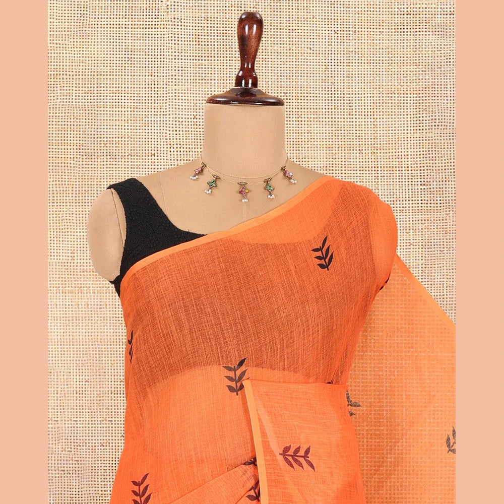 Pothys Borderless Orange Linen Cotton Saree with Leaf Print, a Contrast Leaf-Printed Pallu, a Contrast Blouse