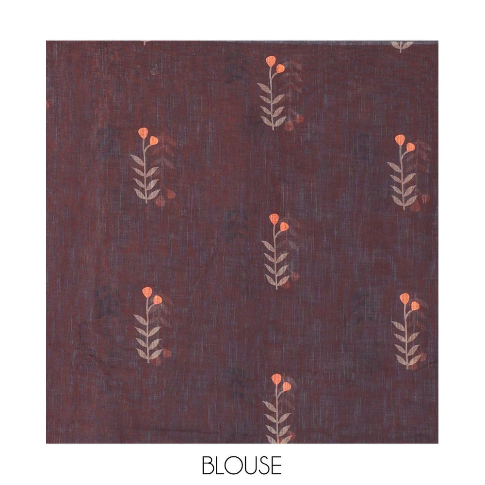 Pothys Borderless Orange Linen Cotton Saree with Leaf Print, a Contrast Leaf-Printed Pallu, a Contrast Blouse